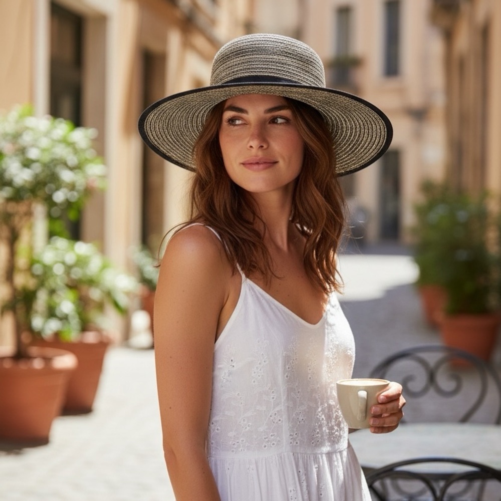 Solar Escape Wide Brim Straw Hat Black Trim Coastal Chic Sun Hat One Size